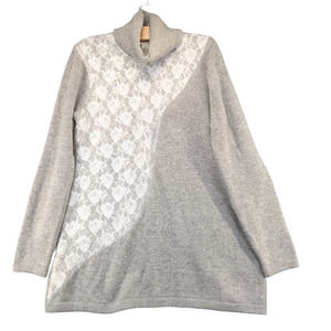 Soft Surroundings Women's Tunic Sweater Gray Medium Floral Lace Trim Wool Blend